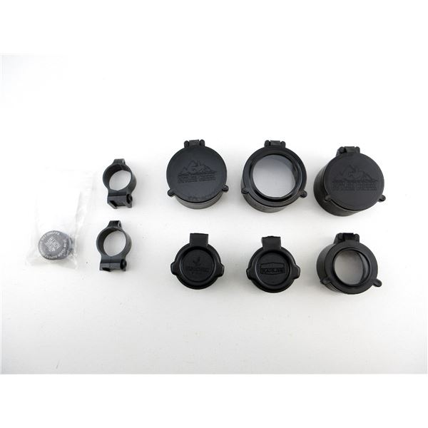 ASSORTED SCOPE LENS COVERS, SCOPE RINGS, ETC. LOT