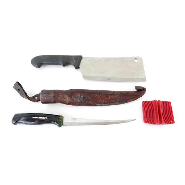 ASSORTED FIXED BLADE KNIVES AND SHARPENER LOT