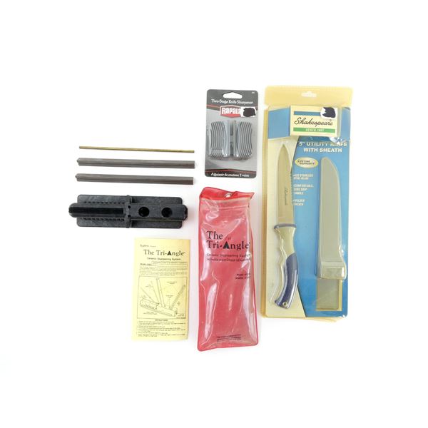 ASSORTED SHARPENERS AND FIXED BLADE KNIFE LOT