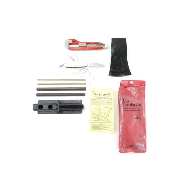 ASSORTED FOLDING POCKET KNIFE, SHARPENER, AXE HEAD, ETC. LOT