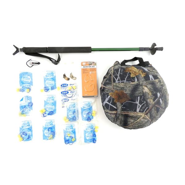 ASSORTED HEARING ENHANCERS, SHOOTING STICK, ETC. LOT