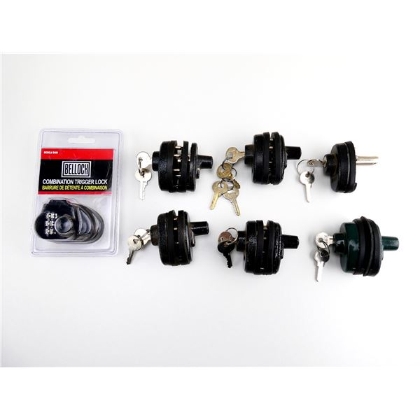 ASSORTED BELLOCK / ETC. KEYED / COMBINATION TRIGGER LOCKS AND KEYS LOT