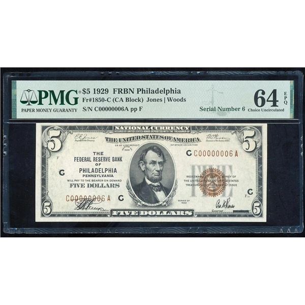 1929 $5 Serial 6 Philadelphia FRBN PMG 64EPQ