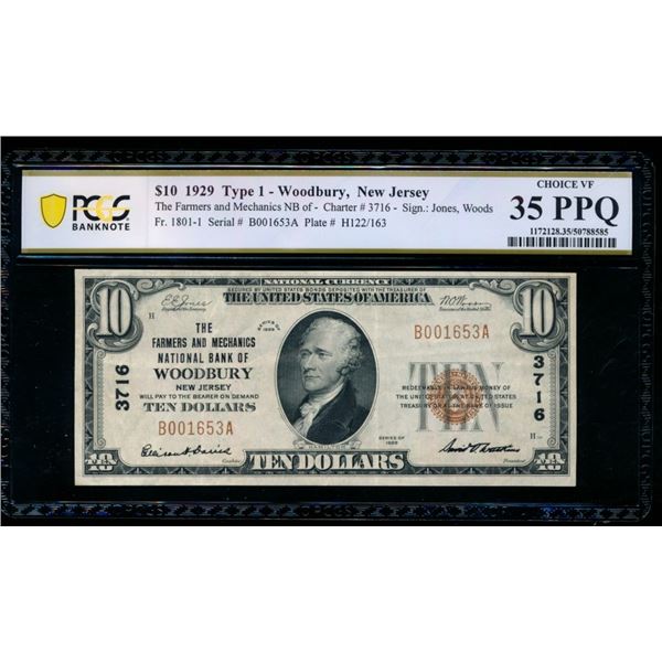 1929 $10 Woodbury NJ National PCGS 35PPQ