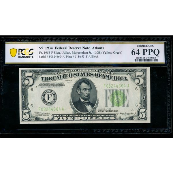 1934 $5 Atlanta FRN PCGS 64PPQ