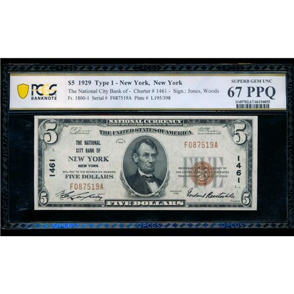 1929 $5 New York NY National PCGS 67PPQ
