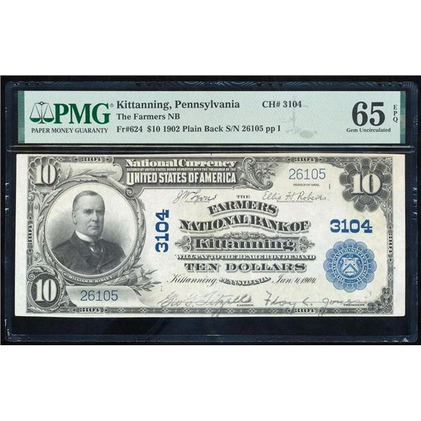 1902 $10 Kittanning PA National PMG 65EPQ