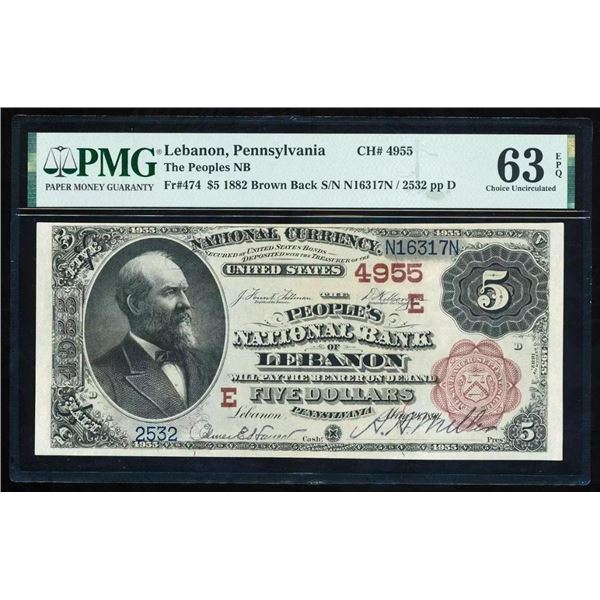 1882 $5 Lebanon PA National PMG 63EPQ