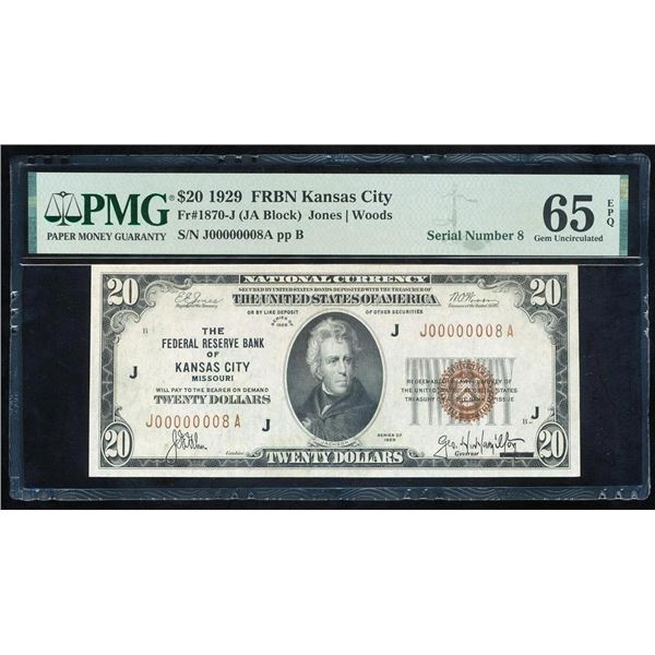1929 $20 Serial 8 Kansas City FRBN PMG 65EPQ