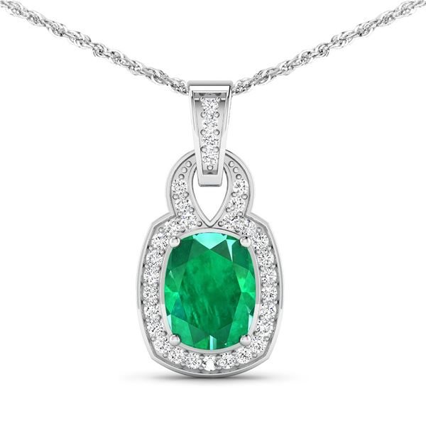 14KT White Gold 1.74ctw Zambian Emerald and Diamond Pendant