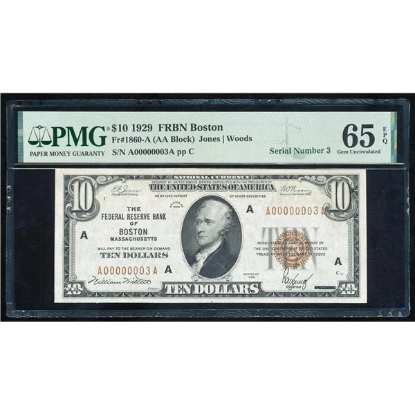 1929 $10 Serial Number 3 Boston FRBN PMG 65EPQ