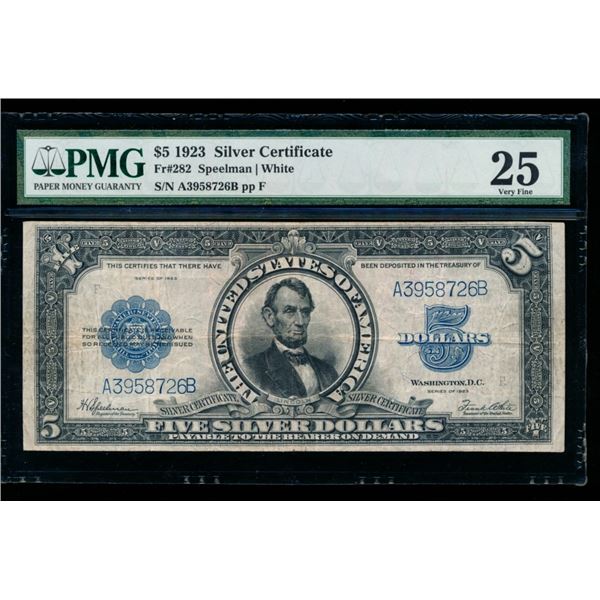 1923 $5 Lincoln Porthole Silver Certificate PMG 25