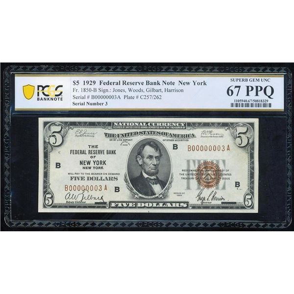 1929 $5 Serial 3 New York NY National PCGS 67PPQ