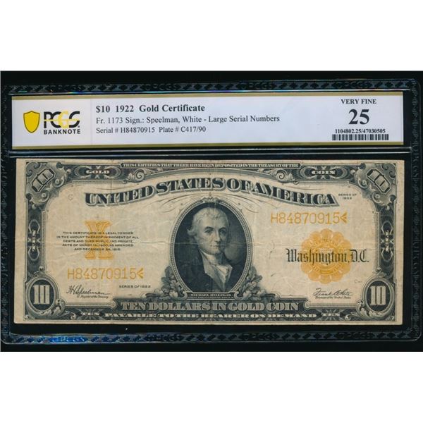1922 $10 Gold Certificate PCGS 25