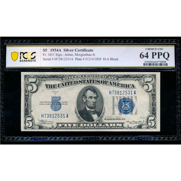 1934A $5 Silver Certificate PCGS 64PPQ