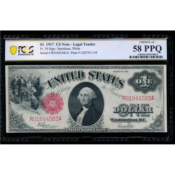 1917 $1 Legal Tender Note PCGS 58PPQ