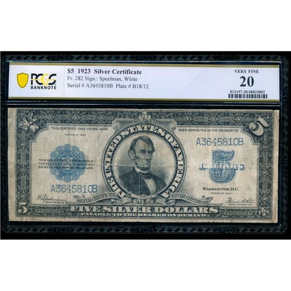 1923 $5 Lincoln Porthole Silver Certificate PCGS 20