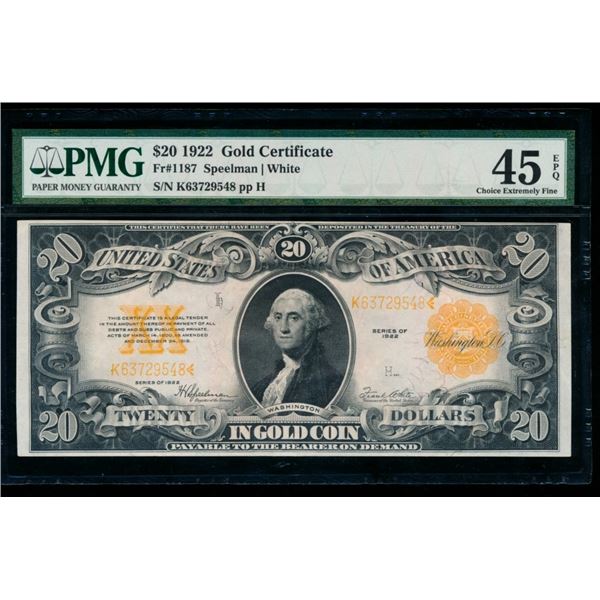 1922 $20 Gold Certificate PMG 45EPQ
