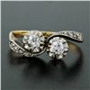 Image 2 : Antique Edwardian 14K Gold Platinum.54 ctw European Diamond Two-Stone Bypass Rin