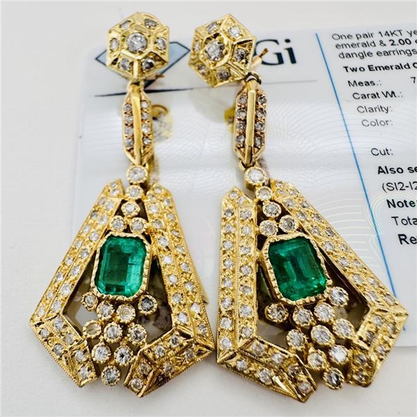 2.68 ctw Emerald and 2.00 ctw Diamond 14K Yellow Gold Omega Back Dangle Earrings