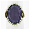 Antique 10K TT Gold Oval Bezel Purple Stone Seed Pearl Halo & Open Filigree Ring