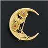 Antique Art Nouveau 10K Gold Round Ruby Crescent w/ Detailed Flowers Brooch Pin
