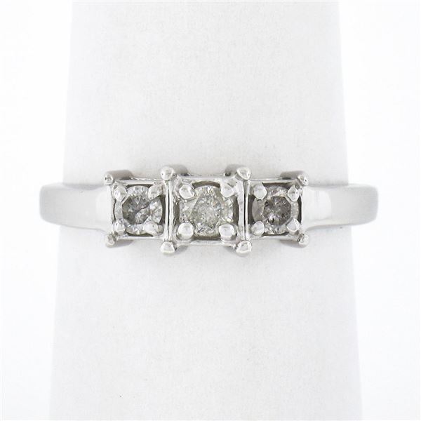 14k White Gold 0.22 ctw Round Prong Diamond Squared Setting 3 Stone Promise Ring