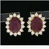 Image 4 : Classic 14K Yellow Gold Oval Ruby w/ 0.56 ctw Round Diamond Halo Stud Earrings