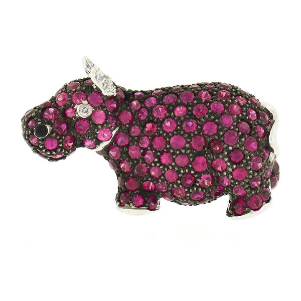 Estate 18k Gold Vivid Red Ruby & Diamond Hippo Hippopotamus Brooch Pin Pendan