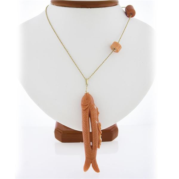 Vintage 14k Gold Carved Coral Fish on Line Pendant & Tubes on Chain Necklace