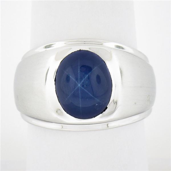 Men's 14K White Gold Oval Cabochon Bezel Set Lindy Star Sapphire Brushed Ring