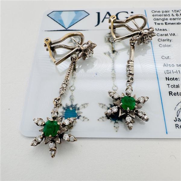 18KT White Gold Emerald and Diamond Star Dangle Earrings