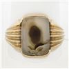 Image 1 : Antique Victorian 10k Gold Rectangular Channel Moss Agate Solitaire Grooved Ring