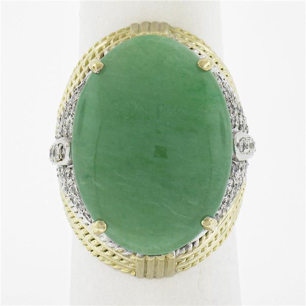 14K TT Gold Oval Cabochon Jade w/ 0.60 ctw Diamond Twisted Wire Cocktail Ring