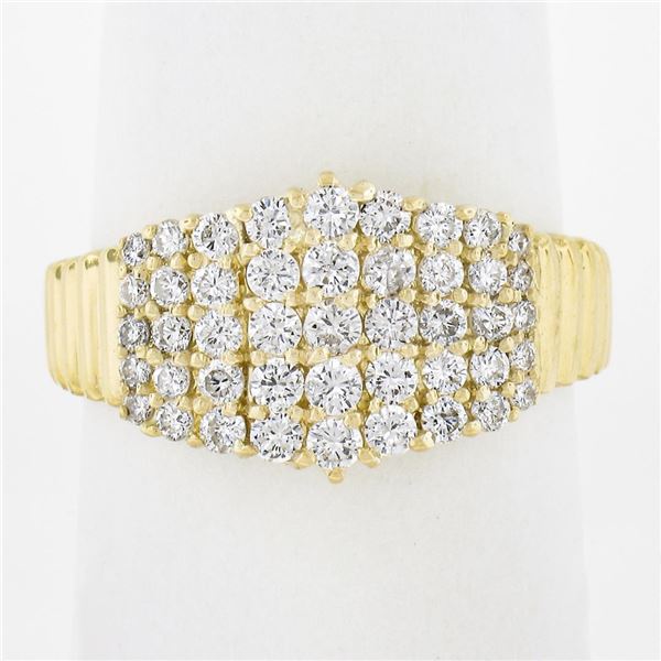 Solid 18K Yellow Gold 1 ctw Round Diamond Pyramid 5 Row Grooved Sides Band Ring