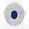 Platinum Oval Bezel Sapphire Pave Diamond Covered Milgrain Platter Cocktail Ring