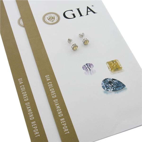 NEW 18k TT Gold 0.71 ctw GIA Hexagonal Fancy Yellow Diamond w/ Halo Stud Earring