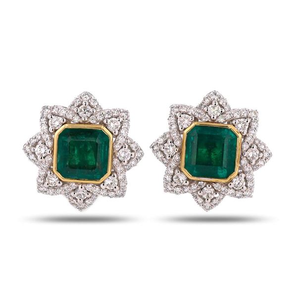 5.08 ctw Emerald and 1.37 ctw Diamond Platinum and 18K Yellow Gold Earrings