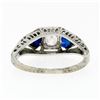 Image 7 : Antique Art Deco 18k White Gold .22 ctw Round Diamond Shield Sapphire 3 Stone Ri
