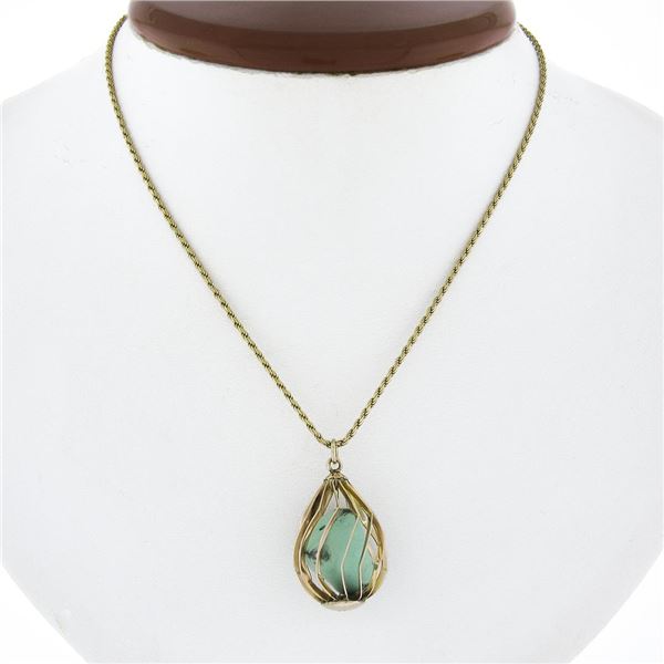 Vintage 14k Gold Tumbled Turquoise Basket Cage Pendant w/ 16" Rope Link Chain