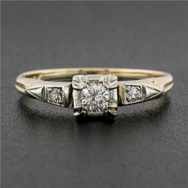 14k Two Tine Gold .19 ctw Old Diamond Squared Setting Three 3 Stone Promise Ring