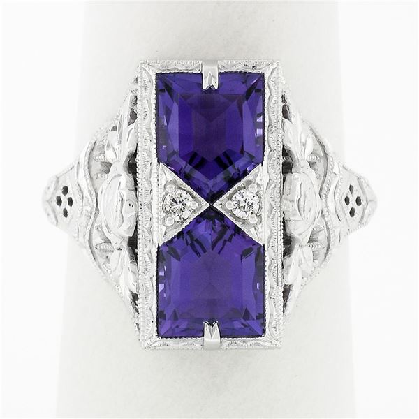 14K White Gold 1.80 ctw Amethyst & Diamond Filigree Etched Milgrain Platter Ring