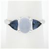 14K White Gold Oval Cabochon Cut Chalcedony & 0.80 ctw Trillion Tanzanite Ring