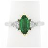 Image 2 : NEW Plat. & 18k Gold GIA Marquise Green Emerald w/ Trillion Diamond 3 Stone Ring