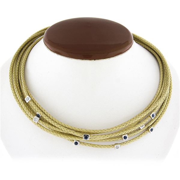 18k Solid Gold Woven Multi Strand Wide Collar Necklace w/ Sapphire & Diamonds