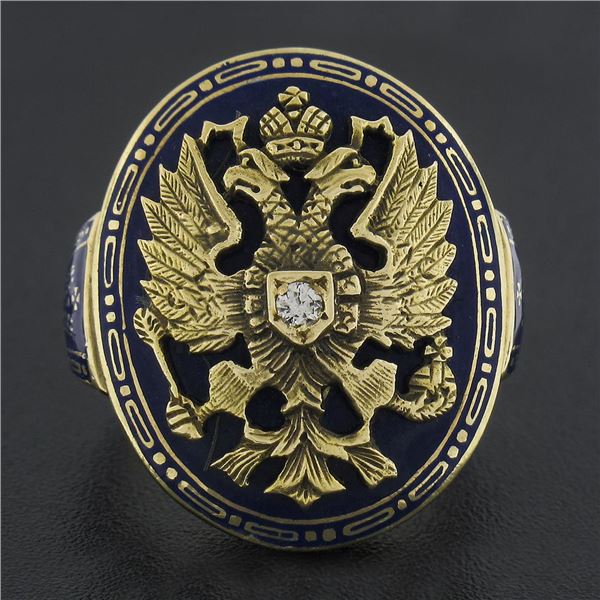 Vintage 14K Gold Diamond Blue Enamel Imperial Eagle Russian Style Cocktail Ring