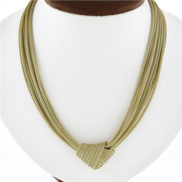 Italian 14k Gold 17" Multi Strand Wheat Mesh Link Chain Necklace Knot Center