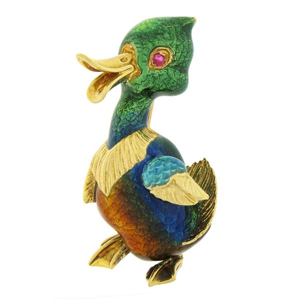 Vintage 18k Gold Multicolor Enamel Detailed Textured Ruby Eye Duck Pin Brooch