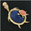 Image 2 : Vintage Lapis Coral Diamond Ruby Mother & Baby Turtle Textured 14k Gold Brooch