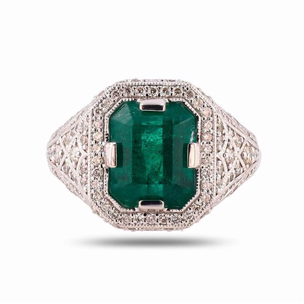 3.66 ctw Emerald and 0.80 ctw Diamond Platinum Ring